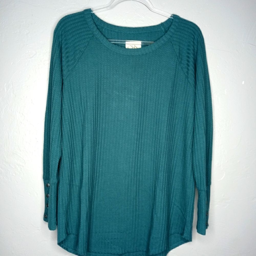 Chaser Green Waffle Knit Button Sleeve Top